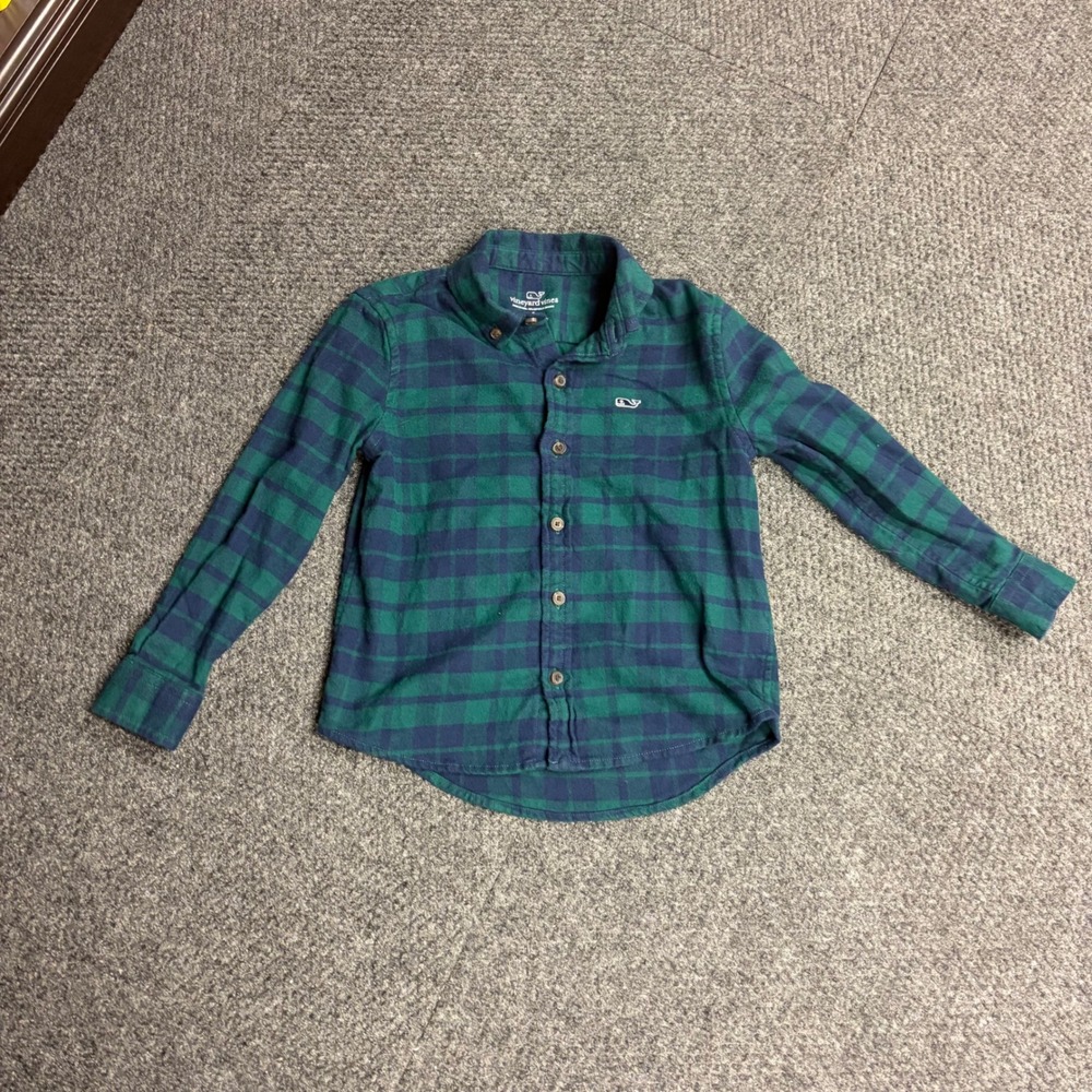 Vineyard Vines Boys Size 5 Green Navy Blue Plaid Flannel Button Down Shirt Logo